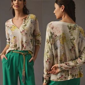 Anthropologie Watercolor Floral V-neck Linen Oversized Sweater SZ XS Cottagecore
